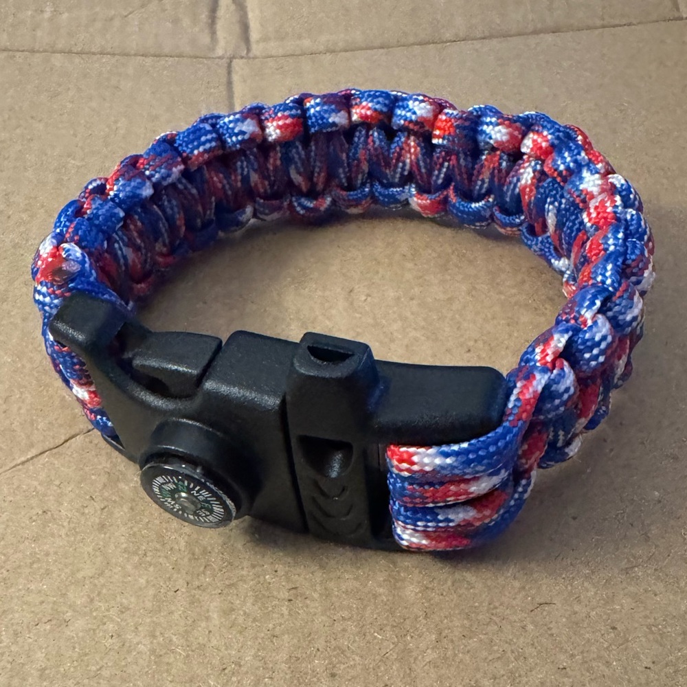 New Emergency Survival Bracelet with Whistle and Compass, Red, White and Blue